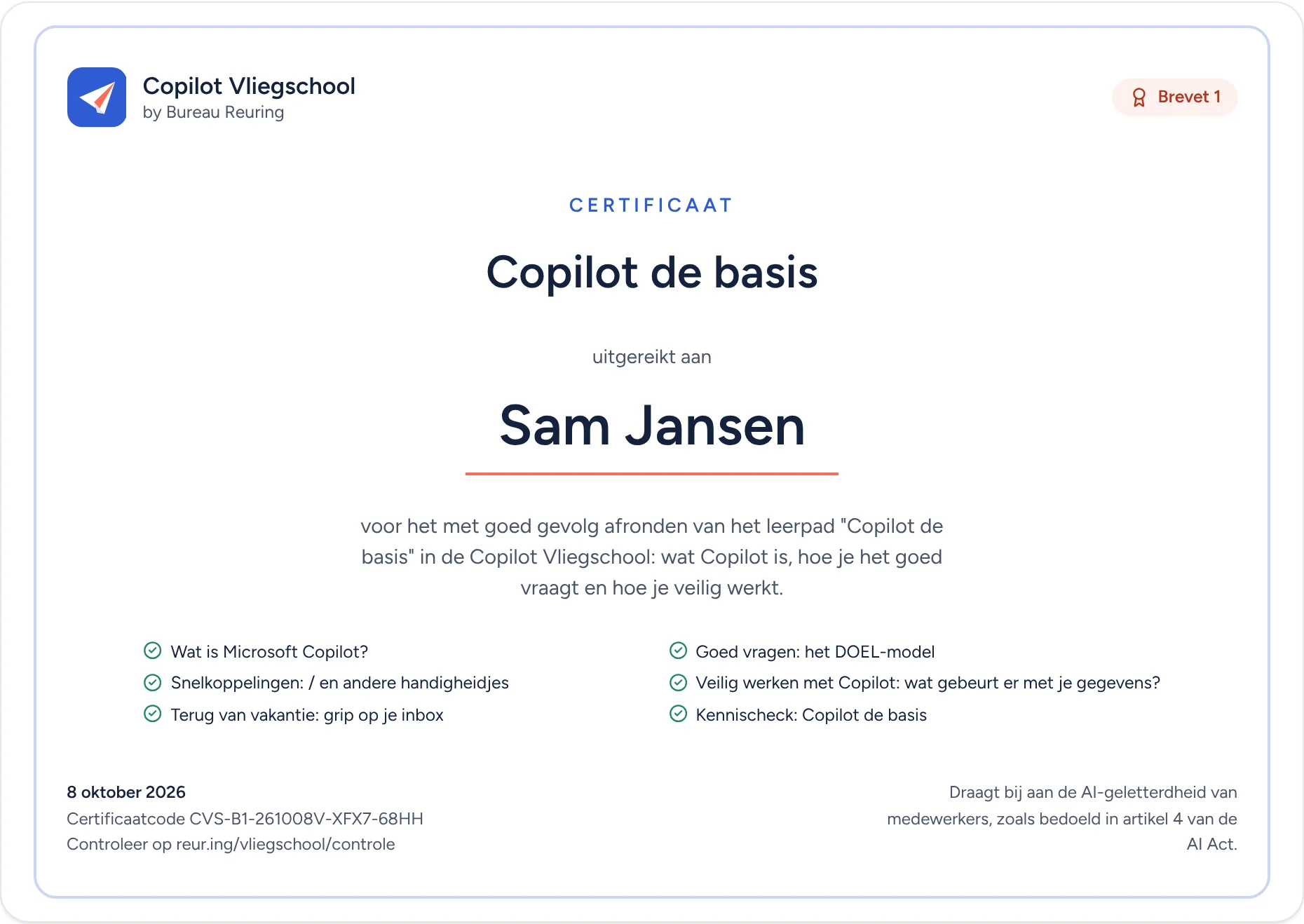 Het certificaat Copilot de basis, uitgereikt aan Sam Jansen, met certificaatcode.