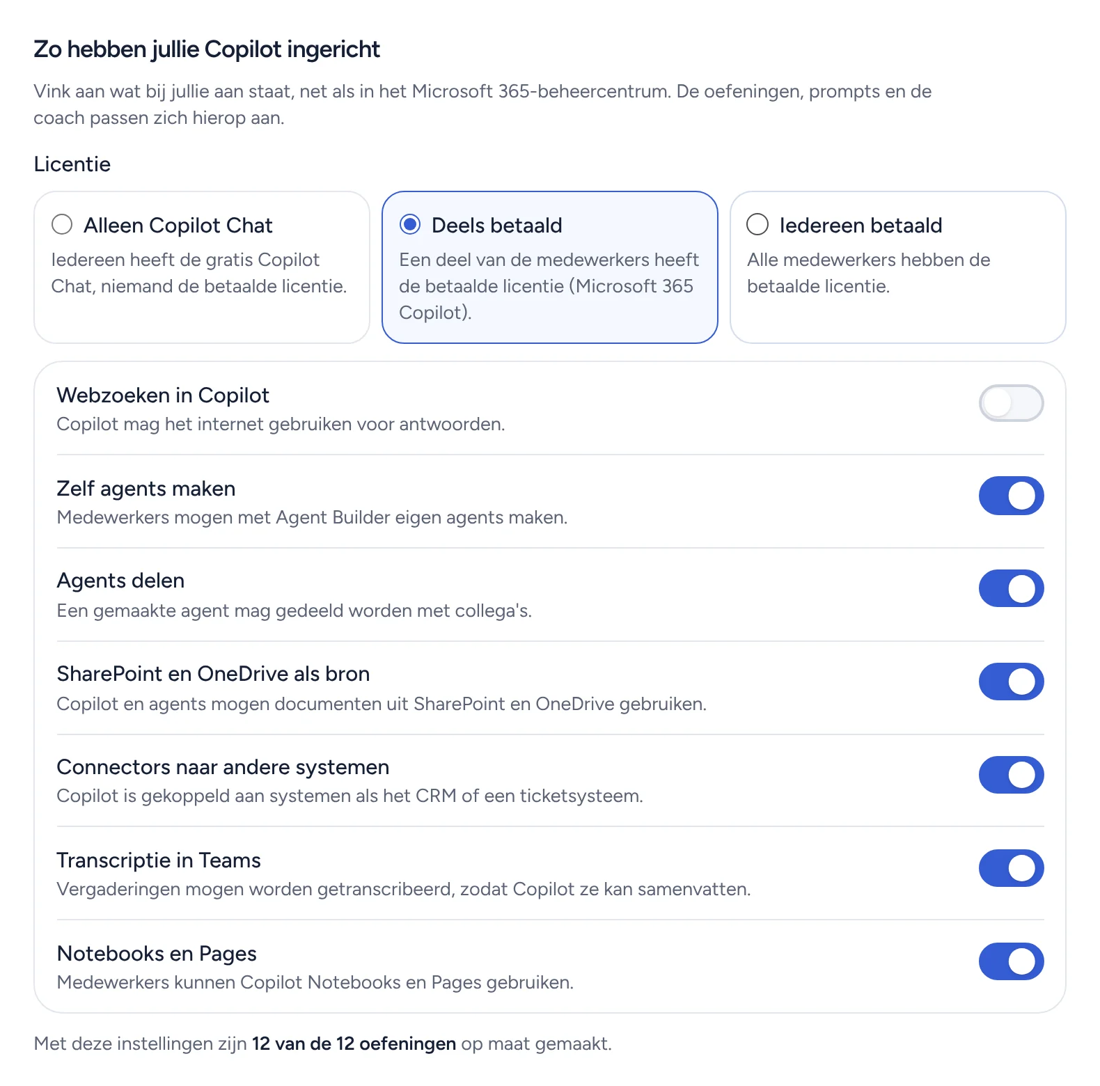 De instellingen in de beheeromgeving: welke licentie, en schakelaars voor webzoeken, agents, SharePoint, connectors, transcriptie en Notebooks.